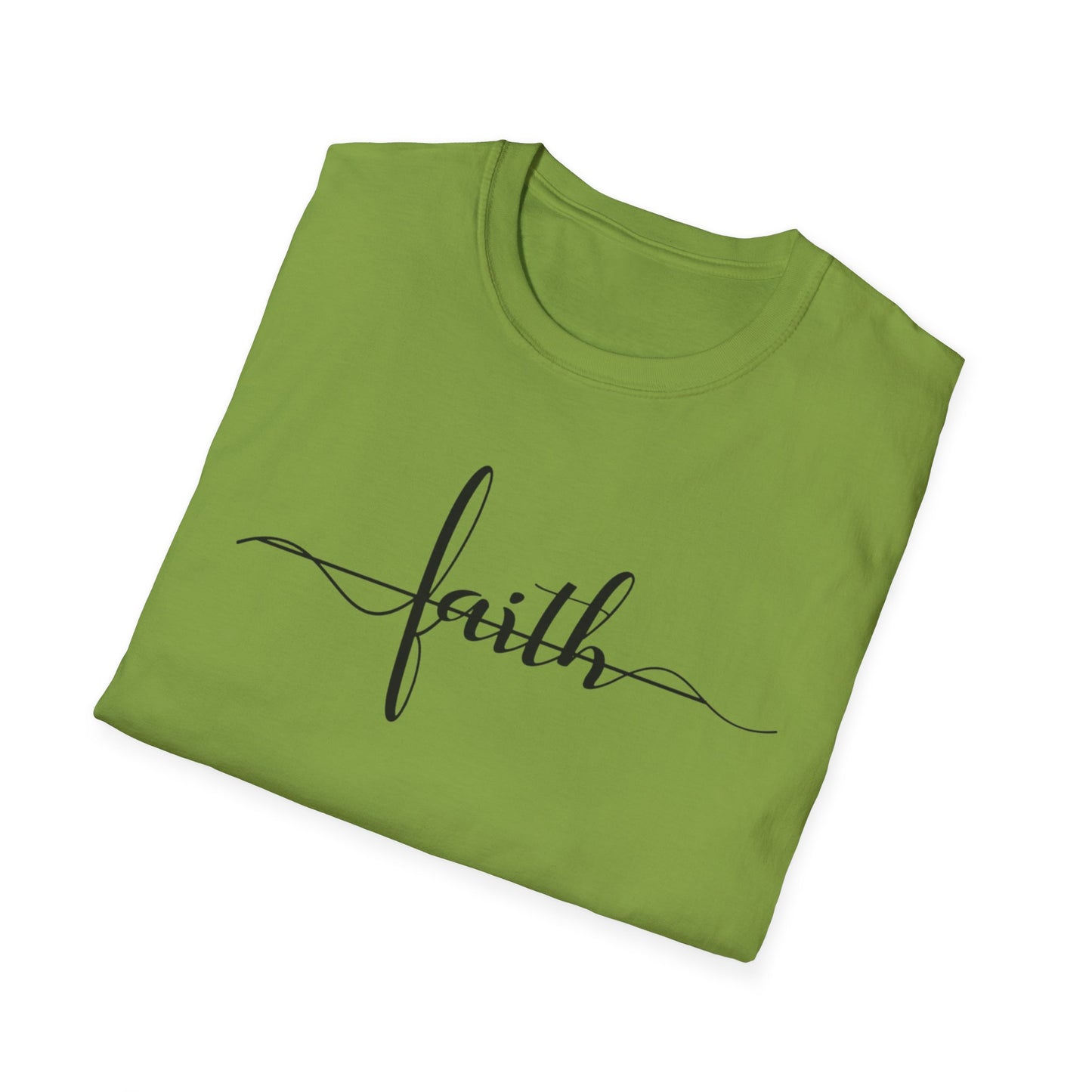 Folded green t-shirt with 'faith' text on a white background